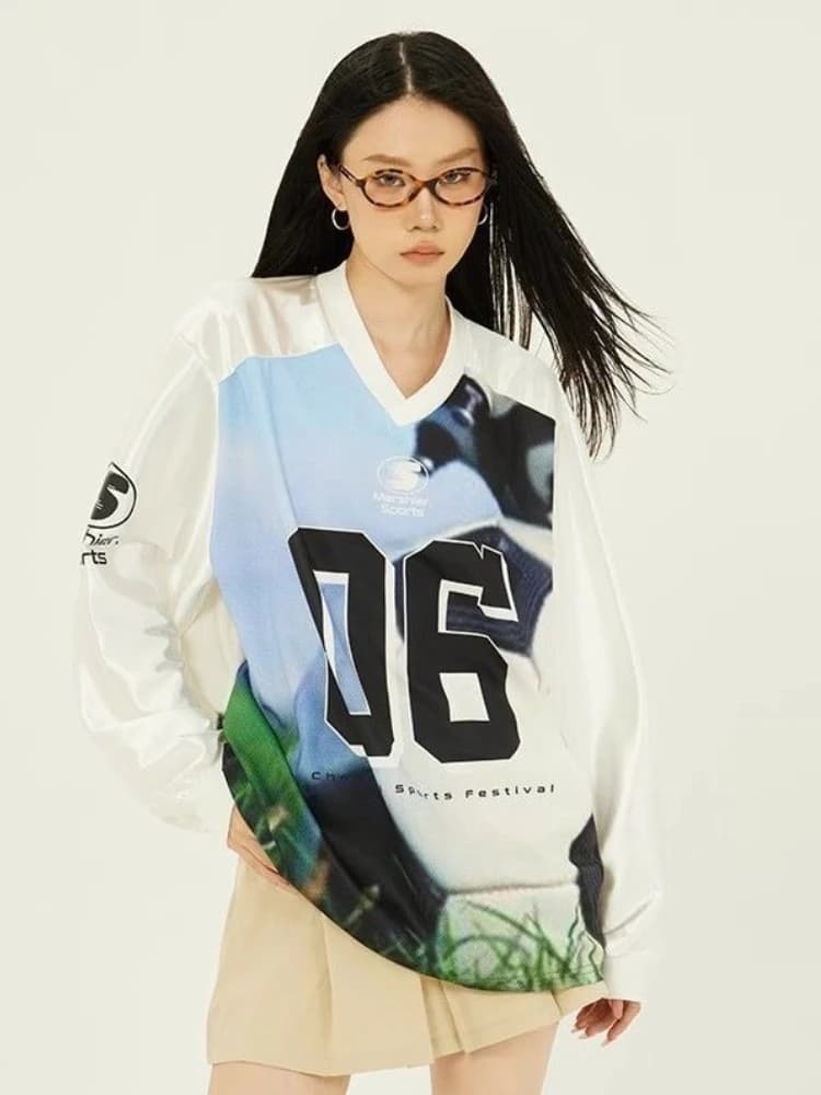 American Retro Contrasto Manica corta Street Sports Maglia con scollo a V Y2K T-shirt oversize da donna Top Allentato Casual Coppia Felpe