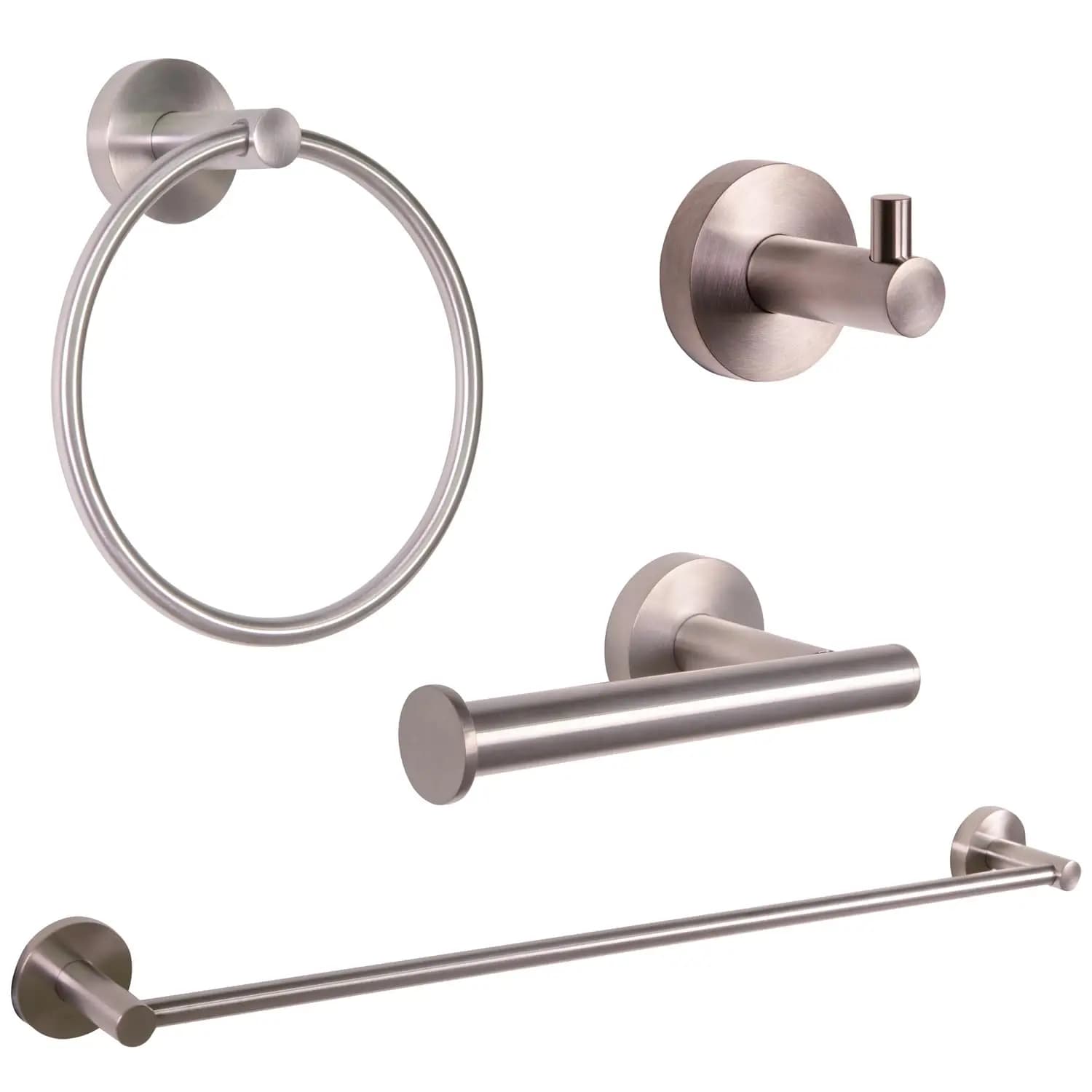 Set di 4 Accessori per Bagno in Nichel Satinato, Porta Asciugamani, Anello e Gancio, Personalizzabile