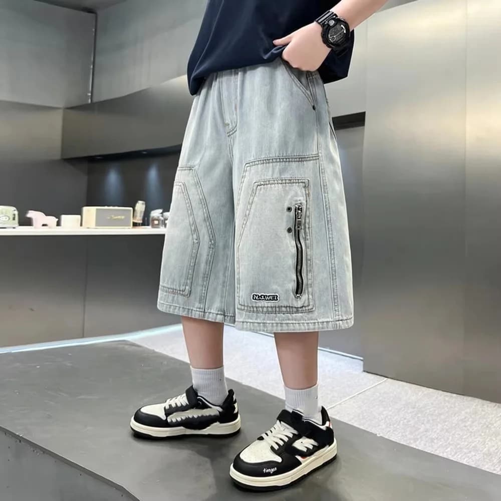 Pantaloncini Estivi in Denim per Ragazzi, Jeans Vintage Blu con Cerniera, Pantaloni Casual in Cotone per Bambini 5-14 Anni
