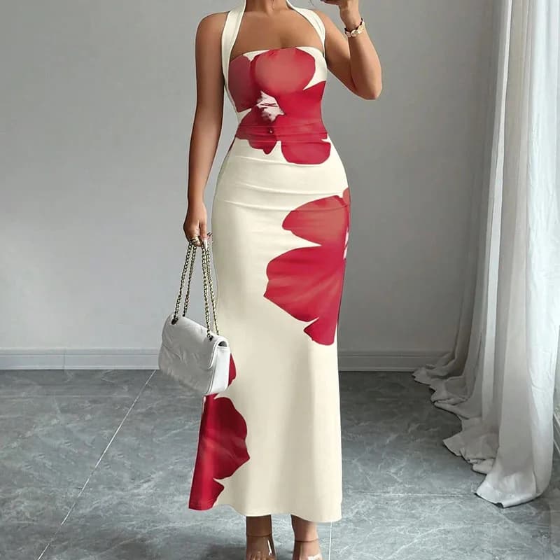 Women Dress Sleeveless High Waisted Slim Fit Halter Neck Backless Printed Solid Color Simple Fashion Retro Elegant Long Dresses