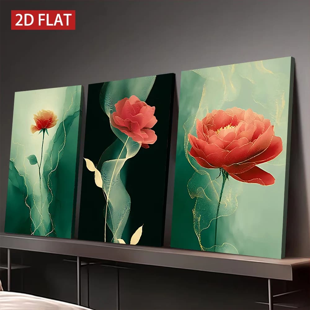 3 Counts Wooden Framed Canvas Painting, Ink Style Golden Vein Floral Art, Premium Print for Living Room Bedroom Office