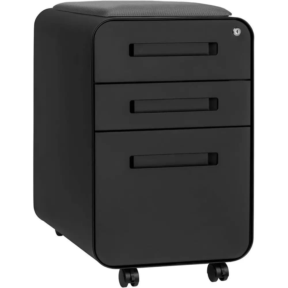 Armadio Mobile in Metallo per Piastrellisti con Seduta 3D e Cuscino Magnetico Rimovibile - Preassemblato, Nero con Cuscino Grigio