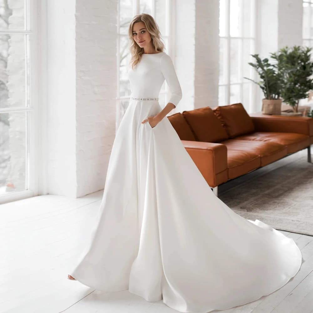 Abiti da sposa in raso personalizzati con tasca 2025 Avorio Scoop Perline Cintura Abiti da sposa Donna Nuova estate Vestido De Novia