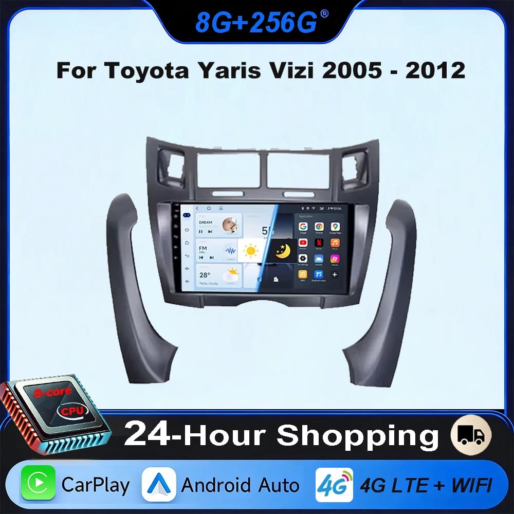 Autoradio Per Toyota Yaris Vizi 2005 2006 2007 - 2012 Carplay Auto Stereo Lettore Multimediale 4G WIFI 2din DVD Video 8core Schermo
