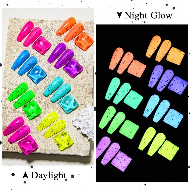 Nail polish 7 ml, 8 colors, bright egg shell effect, lights in the dark, semi-permanent, UV LED, manicure kit and nail art.