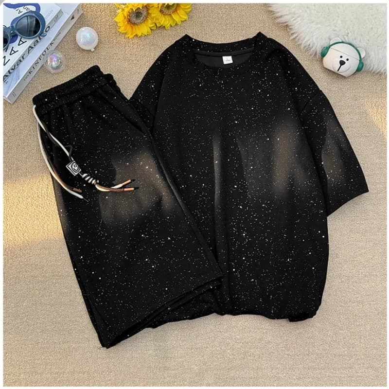 Men Summer 2 Piece Outfits, Star‑Dot Rhinestone Short Sleeve T‑Shirt & Shorts Set, Black Loose Casual High Street Tracksuit