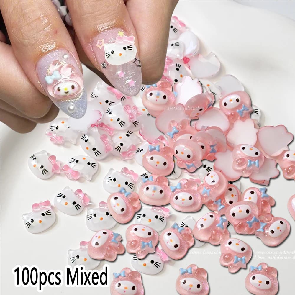 50/100 Pezzi Decorazioni per Unghie 3D Hello Kitty e My Melody, Mini Charms in Resina Traslucida per Nail Art Estiva
