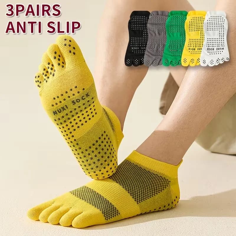 Men's 3-Pair Toe Socks Anti-Slip Dotted Grip Socks Breathable Mesh Low-Cut Split-Toe Sock Anti-Slip Grip Sports Sock for Yoga