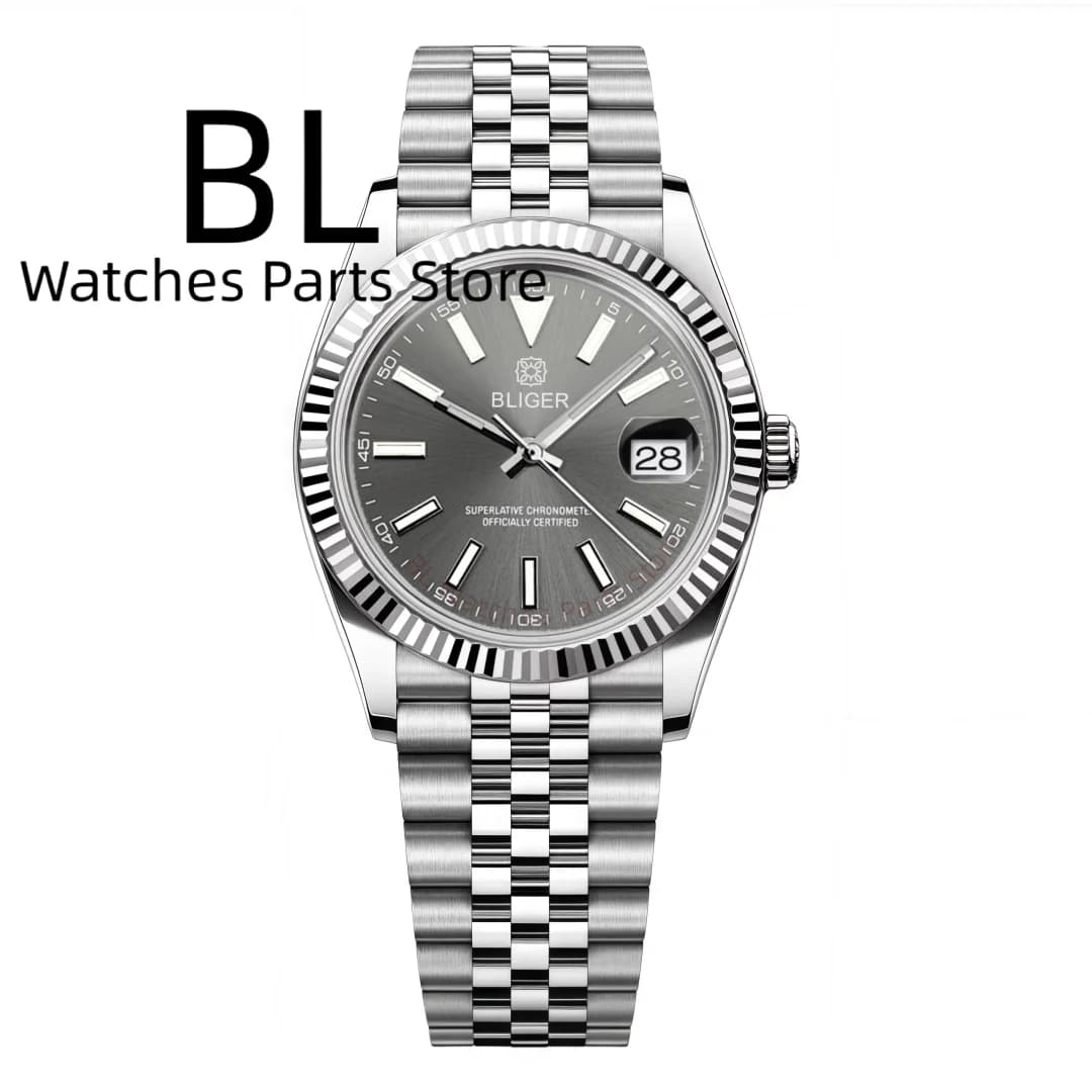 BLIGER DJ36mm39mm Orologi da uomo Bracciale in acciaio inossidabile Chiusura Glidelock Vetro zaffiro impermeabile Quadrante grigio luminoso Sunburst