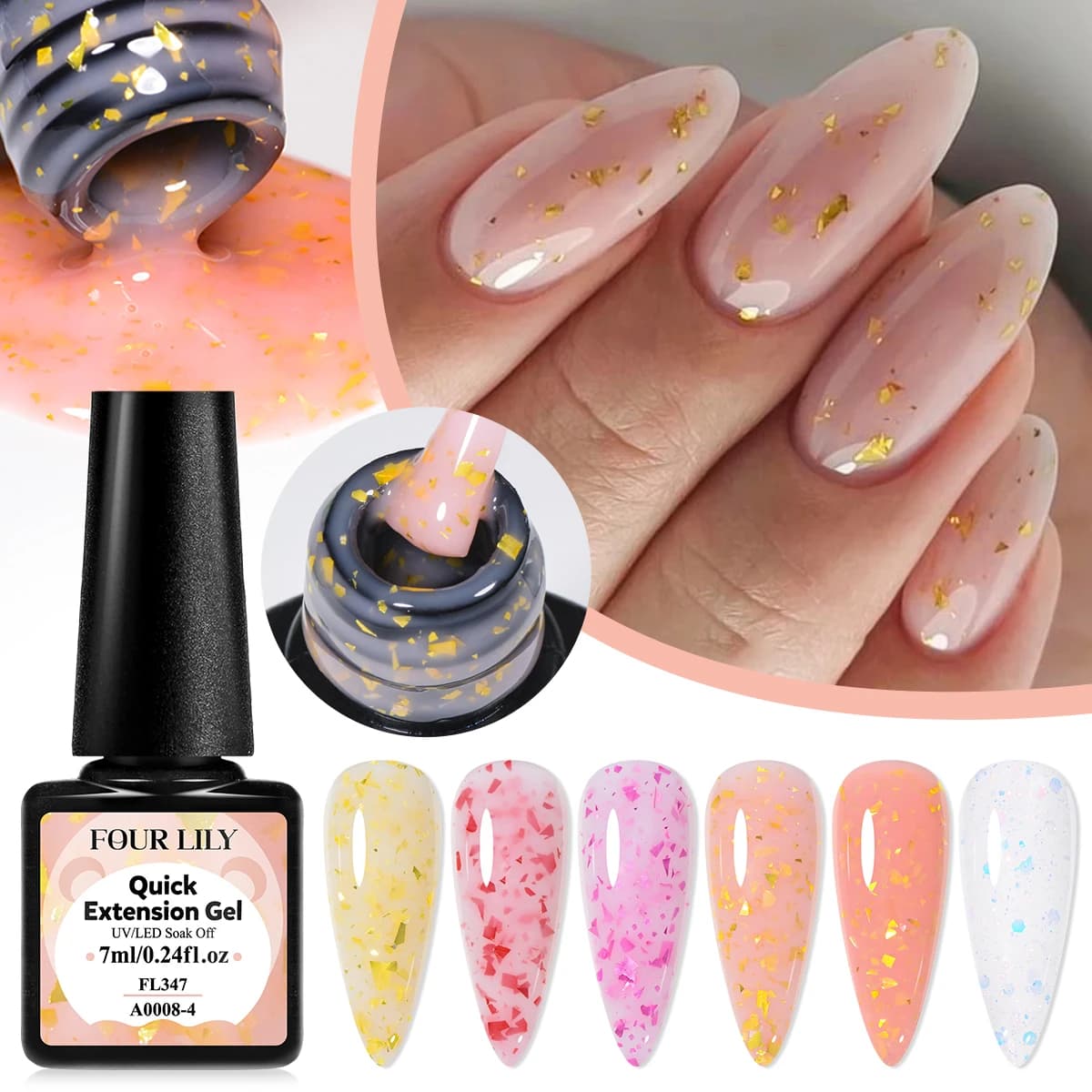 7ml 6 colori Glitter Estensione rapida Gel Smalto per unghie Lamine d'oro rosa Effetto Vernis Semi permanente UV LED Gel Nail Art Gel duro