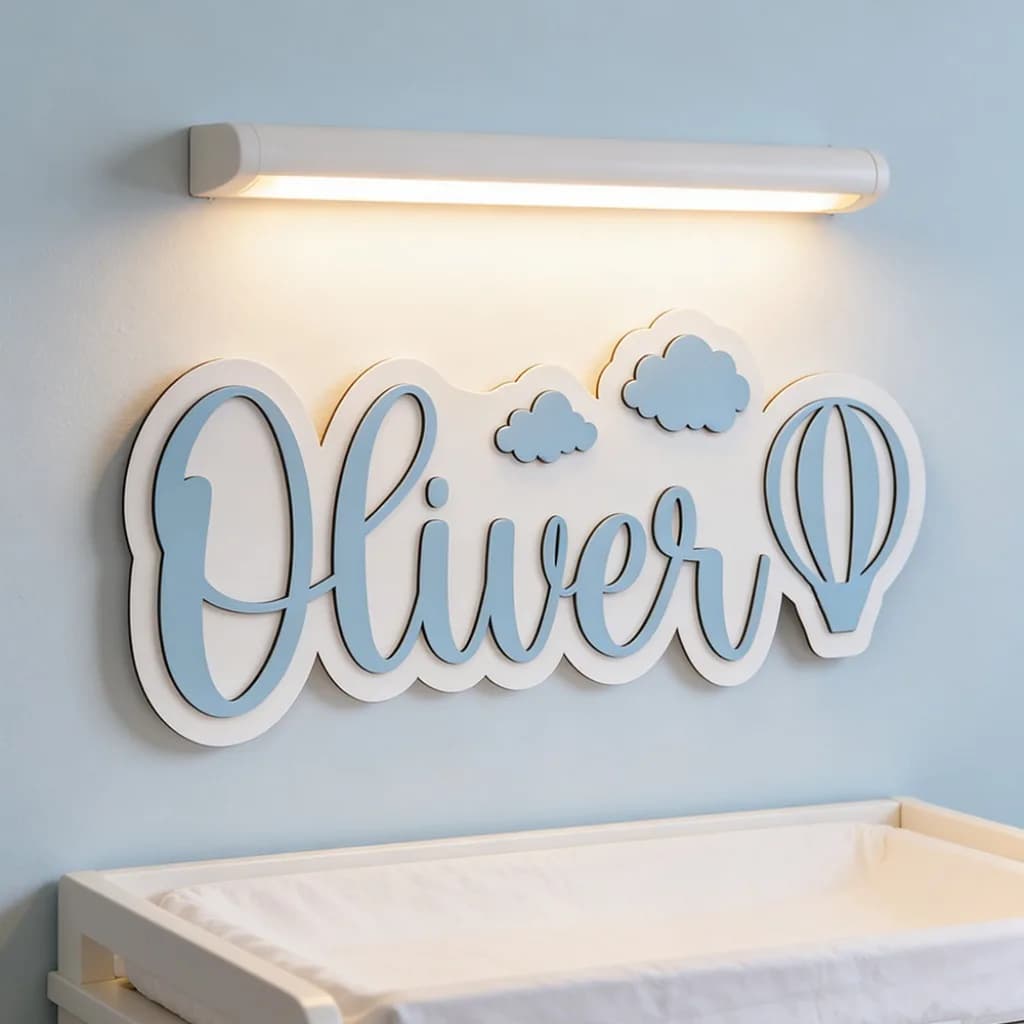 1pc Customized Double-layer Wooden Surname Brand,Cloud Shaped Hot Air Balloon Design, Wall Decoration,Children's Room Decoration