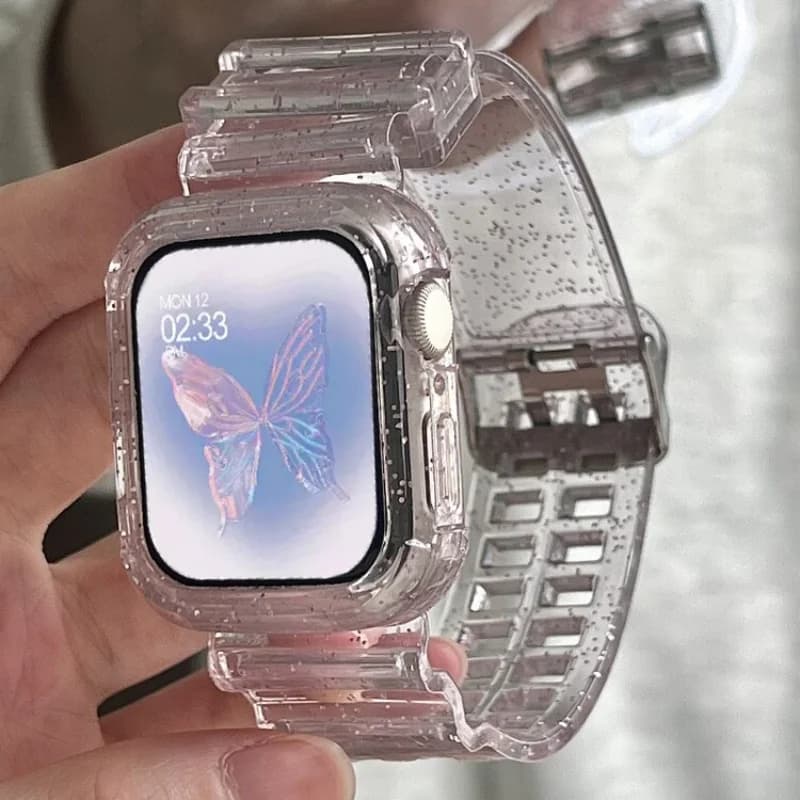 Custodia protettiva con cinturino sportivo glitterato trasparente per Apple Watch 45mm 41mm 44 per la serie 9 8 7 Band donna ragazza cinturino trasparente scintillante