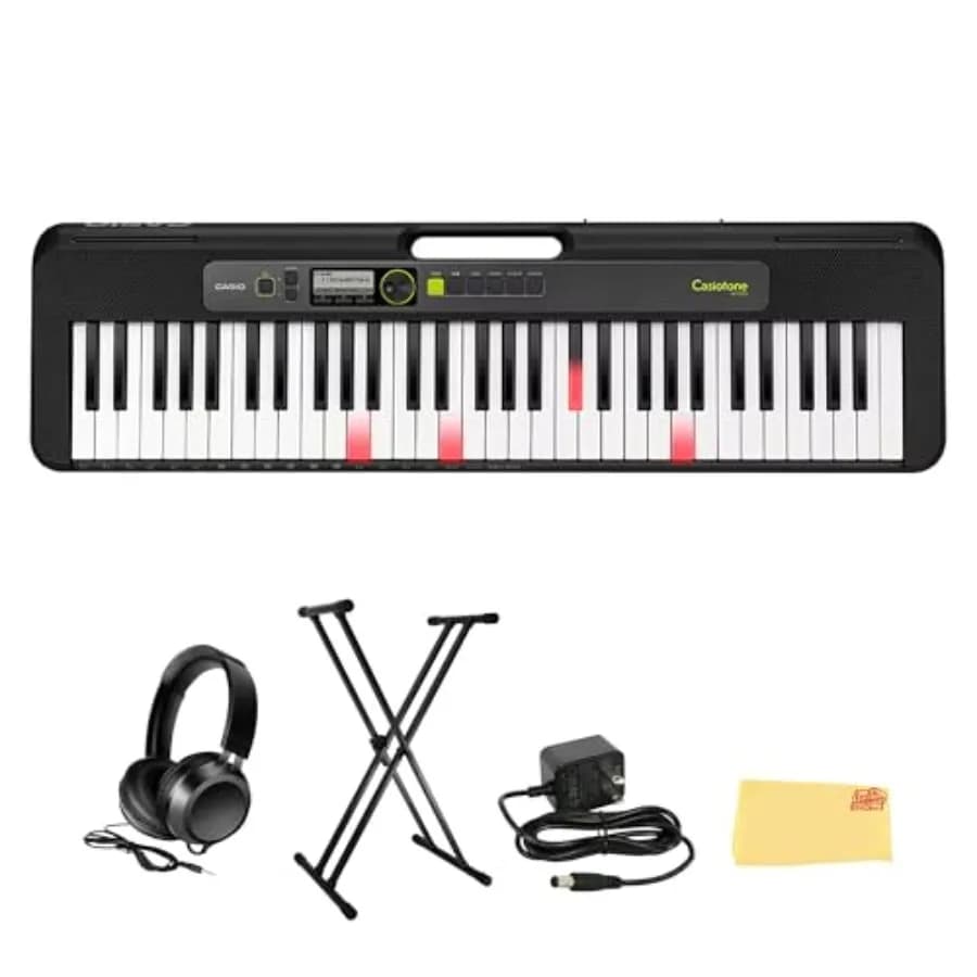 Pacchetto Tastiera Premium a 61 Tasti Illuminata con Supporto, Cuffie e Alimentatore per Produzione Musicale in Nero con Illuminazione RGB e USB