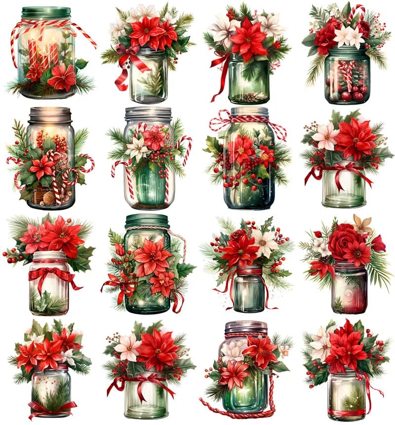 16Pcs/Pack Christmas Vase Sticker DIY Craft Scrapbooking Album Junk Journal Decorative Stickers