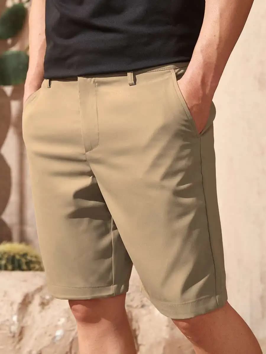 Men’s Khaki Straight Fit Bermuda Shorts With Diagonal Side Pockets