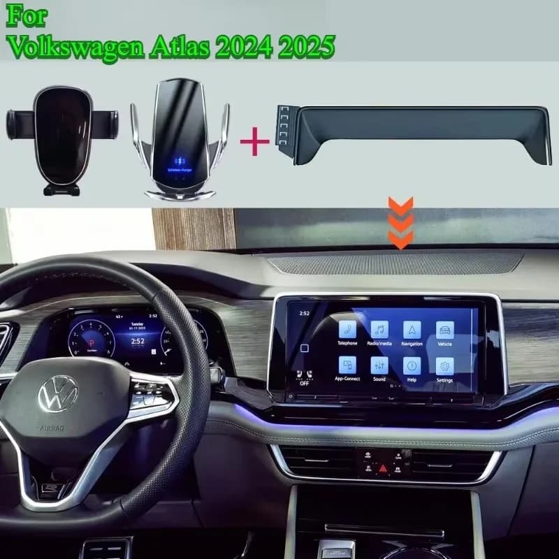 Supporto per telefono per auto Supporto per schermo per Volkswagen Atlas 2024 2025 Supporto di ricarica wireless Staffa di navigazione Scatola di immagazzinaggio per occhiali