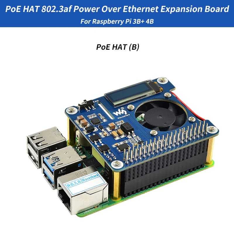 Raspberry Pi Power Over Ethernet Expansion Card PoE HAT 802.3af with Cooling Fan OLED Temperature for Raspberry Pi 3B + 4B