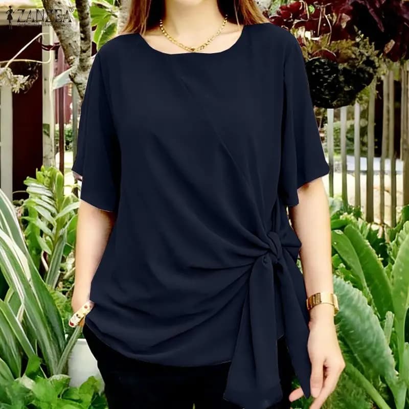Camicette Estive ZANZEA da Donna, Blusa Casual Tinta Unita alla Moda 2026, Camicia a Maniche Corte Larga con Pieghe e Laccetti, Blusas Oversize Femminili