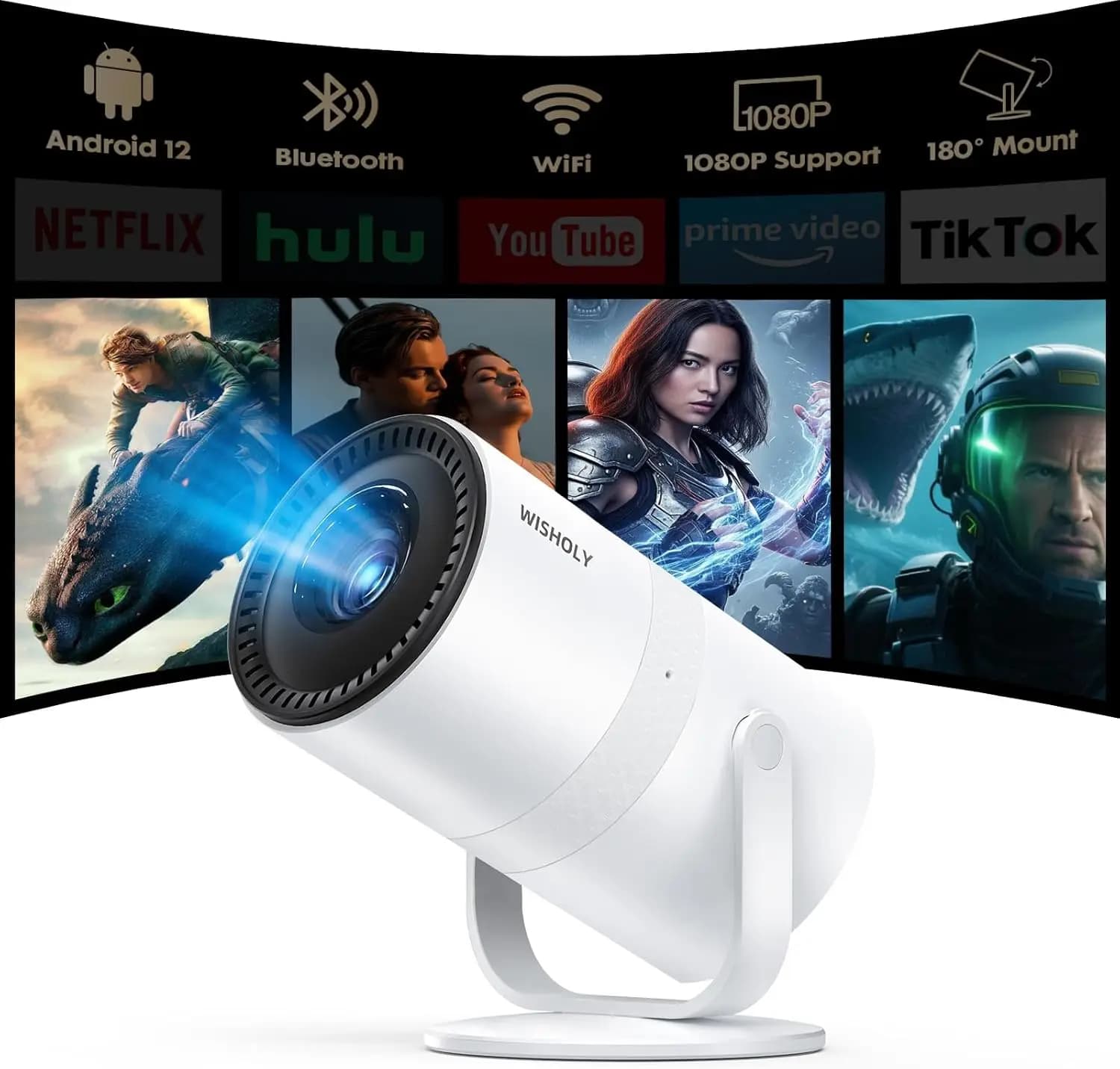 Mini Proiettore con Android 12, Messa a Fuoco Elettrica, Supporto 1080P, WiFi Bluetooth, Rotabile per Smartphone HDMI USB