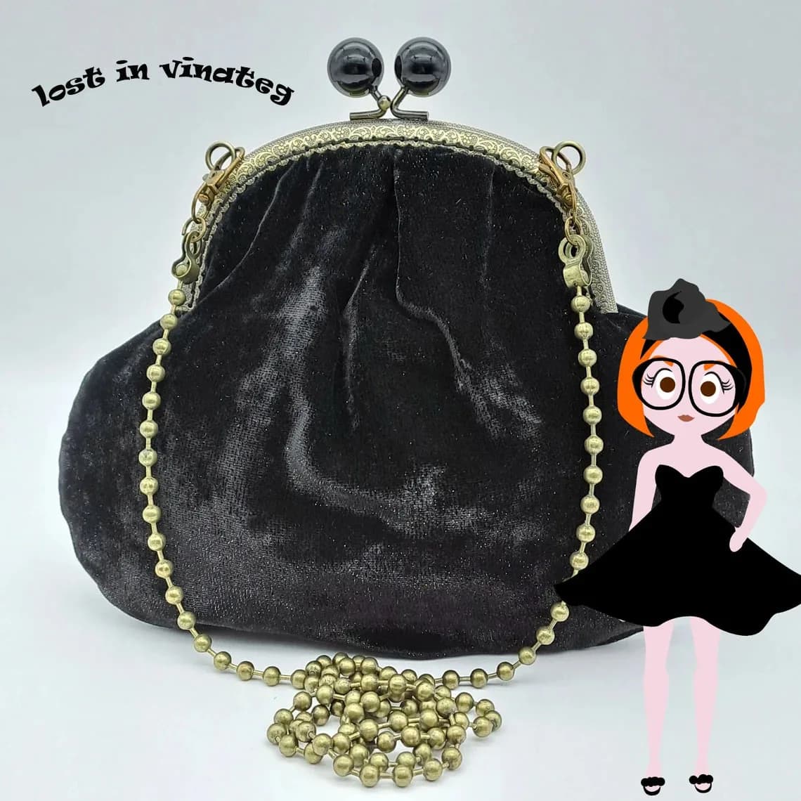 Lost in Vinatge Borsa Clicclac in velluto nero con cristalli a scatto Candy Ball Kiss Lock Borsa con struttura in metallo Pochette da sera dorata 26x8x20 cm