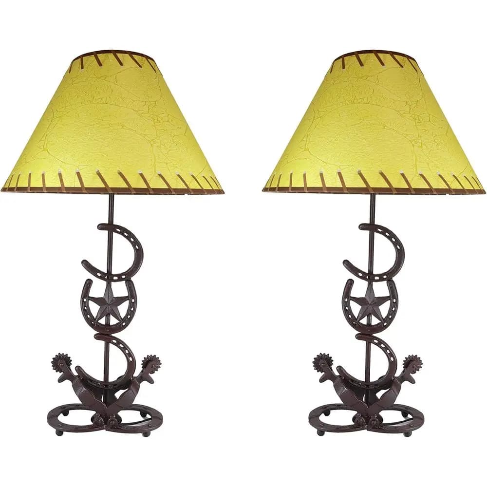 Lampada da Tavolo Rustica in Ghisa a Forma di Ferro di Cavallo con Paralume in Pino, Decorazione in Stile Country Antico
