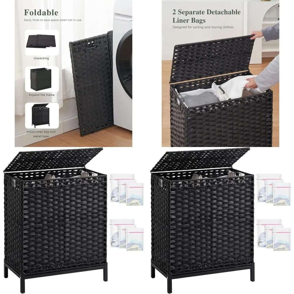 Bookcase basket in Rattan Hand-woven 112L with Cover, Removable Bags, Metal Feet, 6 Net Bags, 2 Parts for Clothes or Linen