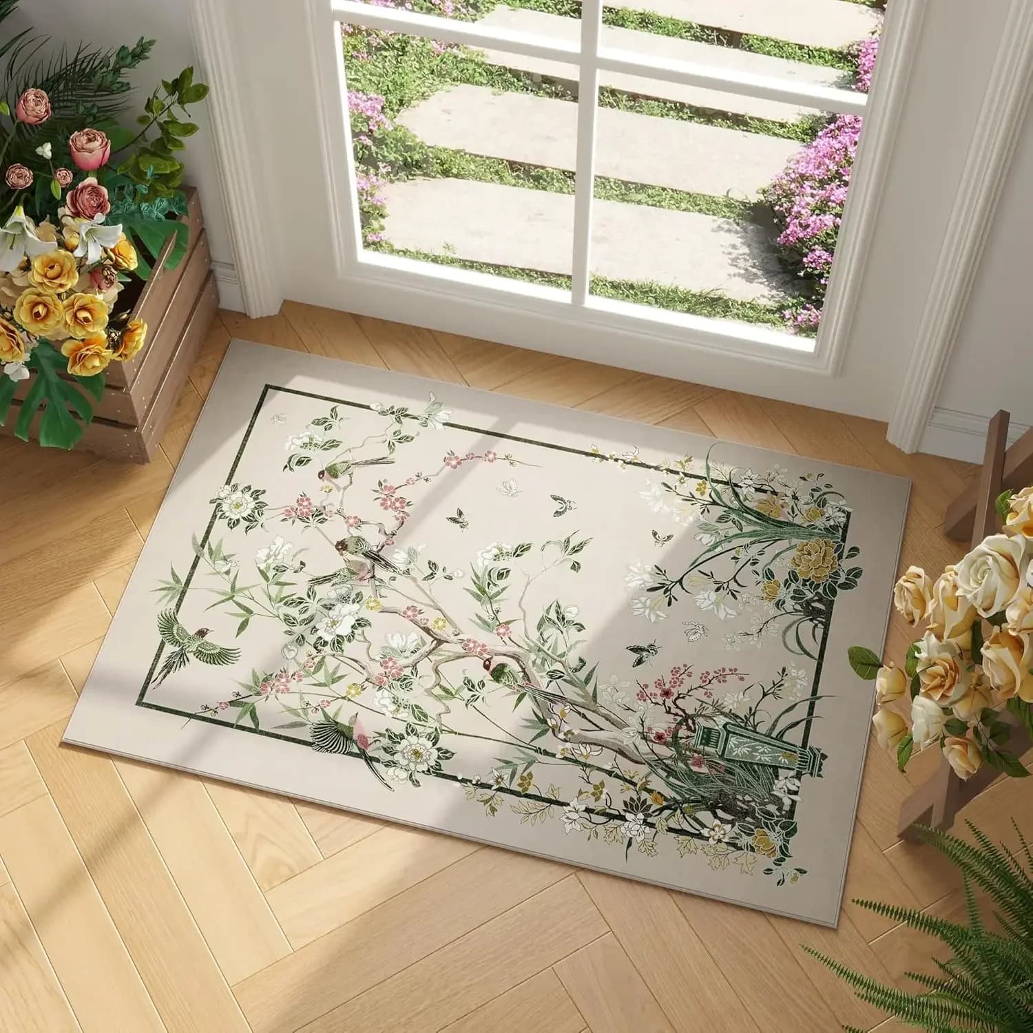 Tappeto tradizionale cinese con fiori e uccelli, peonia, farfalla, elegante tappetino rettangolare per la decorazione della casa, soggiorno