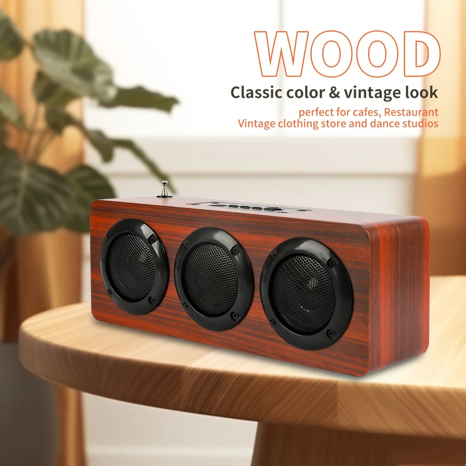 Portable bluetooth speaker, retro wooden speaker, loud wireless wooden speaker with bass, suitable for outdoor, home, office