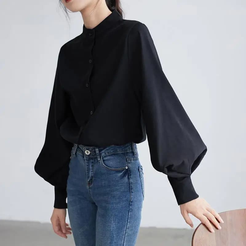 FSMG-Woman's vintage shirt with raised collar, lantern sleeves, single-line button, nice office top, trendy, black, spring/autumn