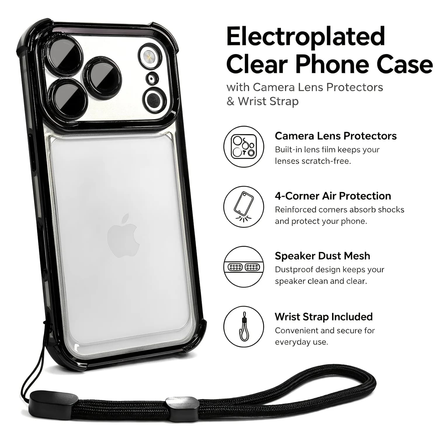 Fashion Transparent Four Corners Shockproof Phone Case for IPhone 17Air 17 13 12 11 Pro Max 16 15 14 Plus with Wrist Strap Cover