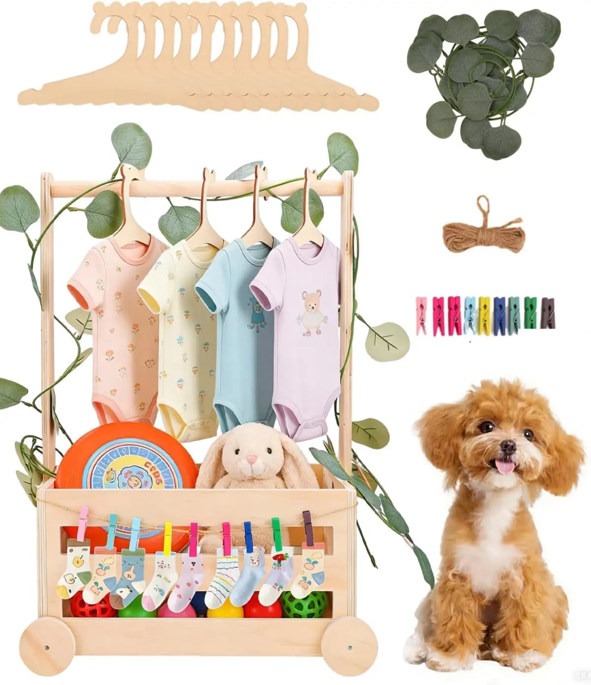 Armadio in legno per cani, organizer per vestiti per animali domestici, contenitore portaoggetti per vestiti per animali domestici da 20 x 13 x 9 pollici con appendiabiti, 10 ganci, corda e clip per vestiti, accessori, giocattoli per cani, cuccioli e gatti