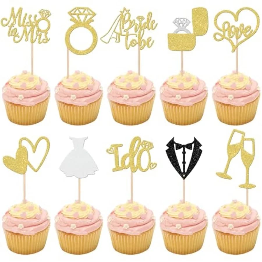 30 PCS Bride to Be Cupcake Toppers Glitter Wedding Cupcake Toppers I Do Love Heart Ring Miss to Mrs Cupcake Picks for Bridal Sh