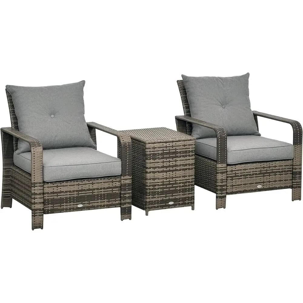 Garden furniture set in 3 pieces with rattan PE wickers, table holders, chairs and pillows for outdoor garden, courtyard, poolside, B