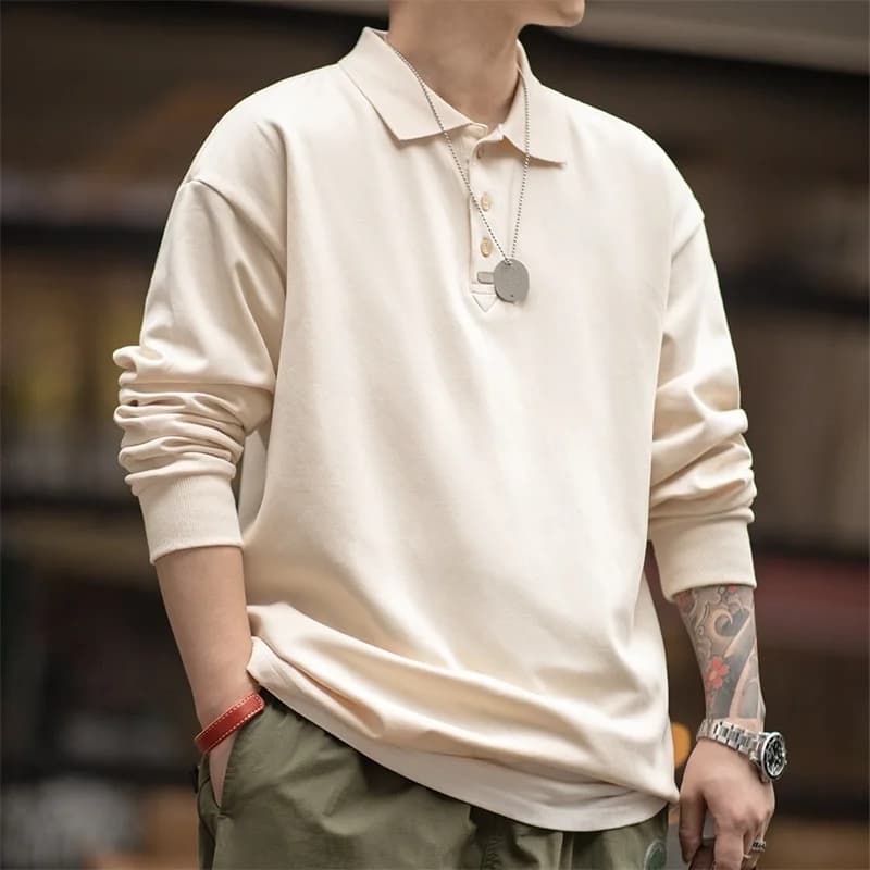 Maden Spring Polo oversize vintage da uomo Business Casual T-shirt a maniche lunghe tinta unita Elegante risvolto Top semplici