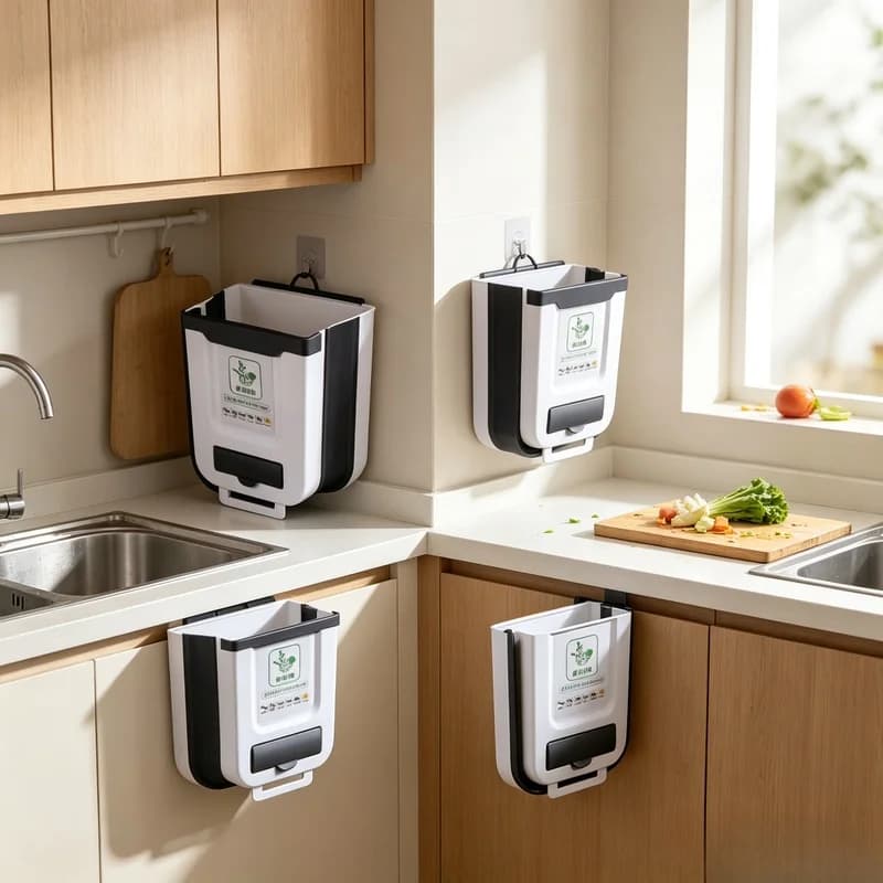 Wall‑Mounted Slim Collapsible 10L Plastic Trash Can, Hanging Waste Bin with Trash Bag Fixing Design for Kitchen Bathroom Cabinet