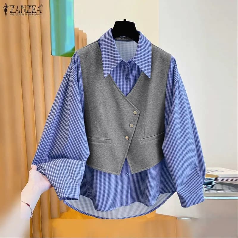 ZANZEA Camicia a Maniche Lunghe da Donna, Blusa a Quadri, Moda Primavera 2026, Top Patchwork con Colletto e Bottoni, Casual e Ampia, Blusas Femminili da Strada
