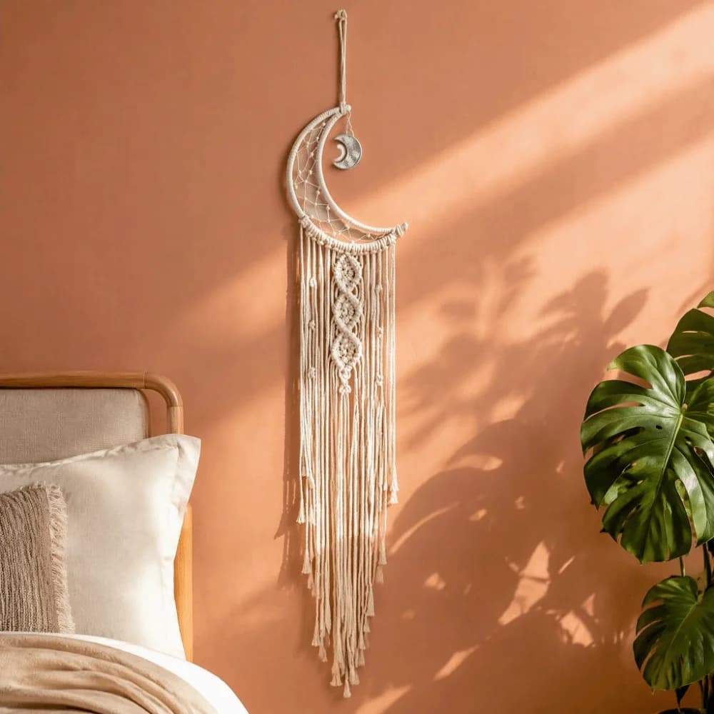 94x20cm Moon Dream Catchers White Cotton Macrame Macrame Dream Catchers with Tassel Alloy Accessories Woven Dream Catchers