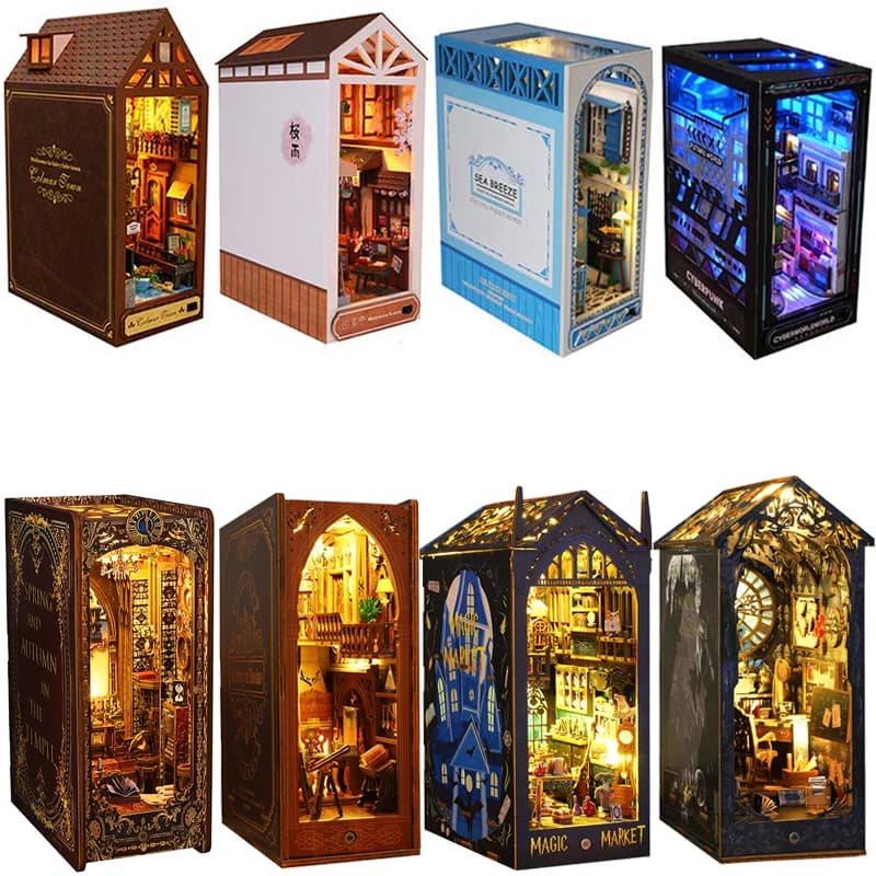 DIY Book Corner Kit Miniature Doll House with LED Light Puzzle 3D Model Construction Wood Rack Stools Toy Adult Birthday Gift