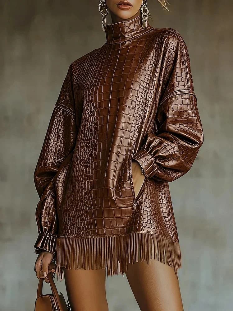 High Neck Lantern Sleeve Pocket Fringe Crocodile PU Leather Mini Dress American Retro Casual Loose Autumn Tassel Dresses