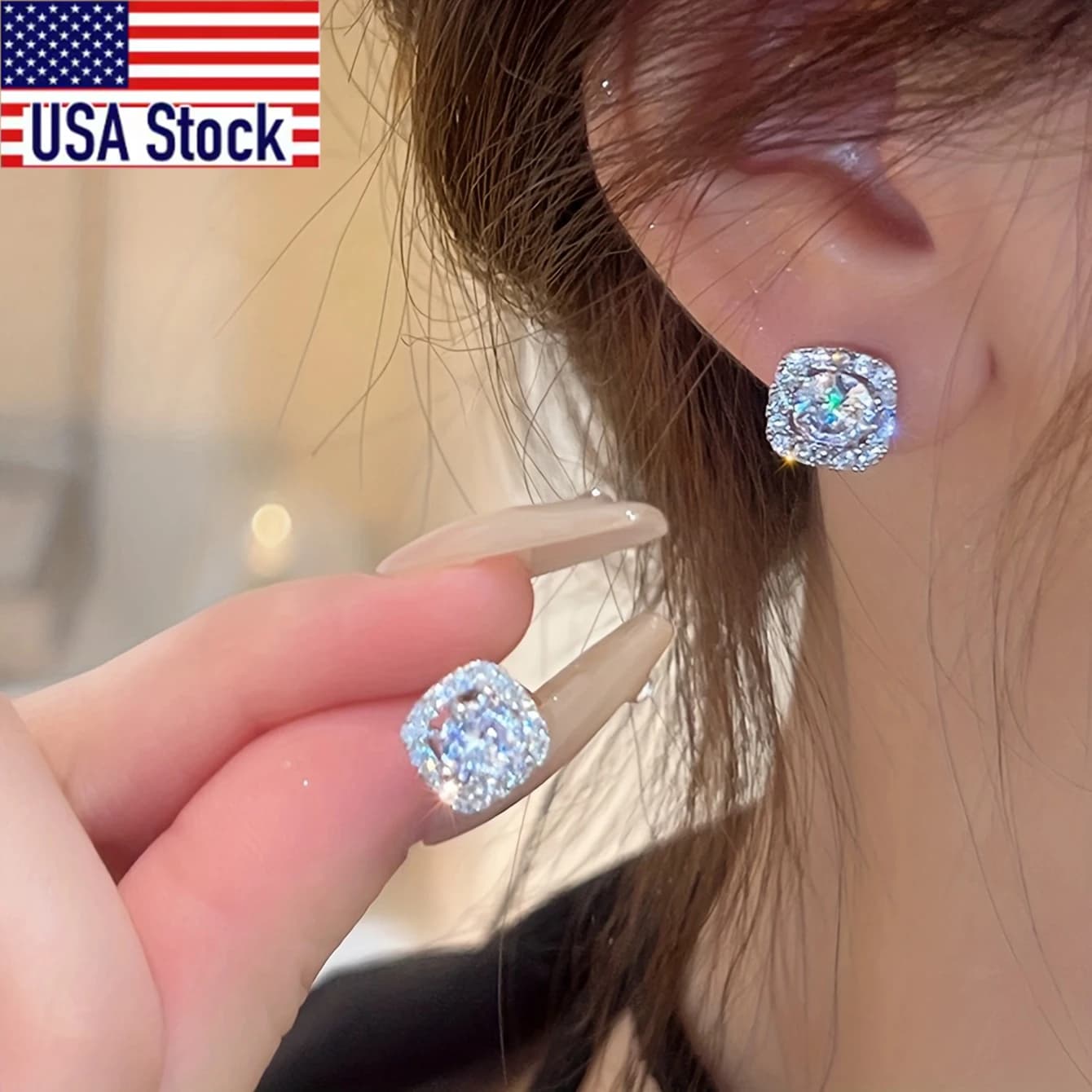 1 pair of square-shaped button earrings embellished with synthetic zircons Elegant style for leisure Dating Weddings