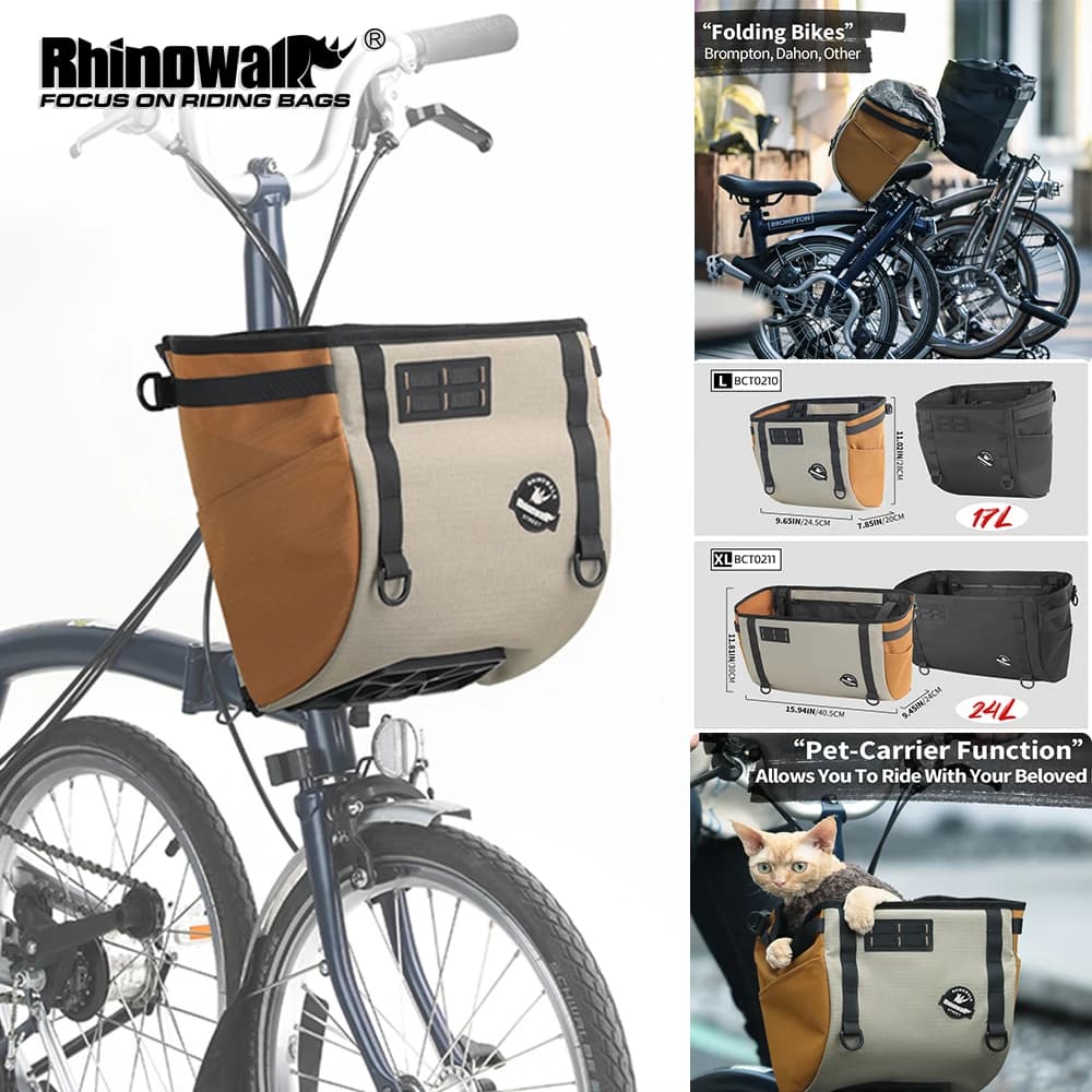 Cestino Pieghevole per Manubrio Bici Rhinowalk 17L/24L per Brompton & Dahon, Portabagagli da Viaggio per Esterni, Trasportino per Animali con Telaio Rimovibile