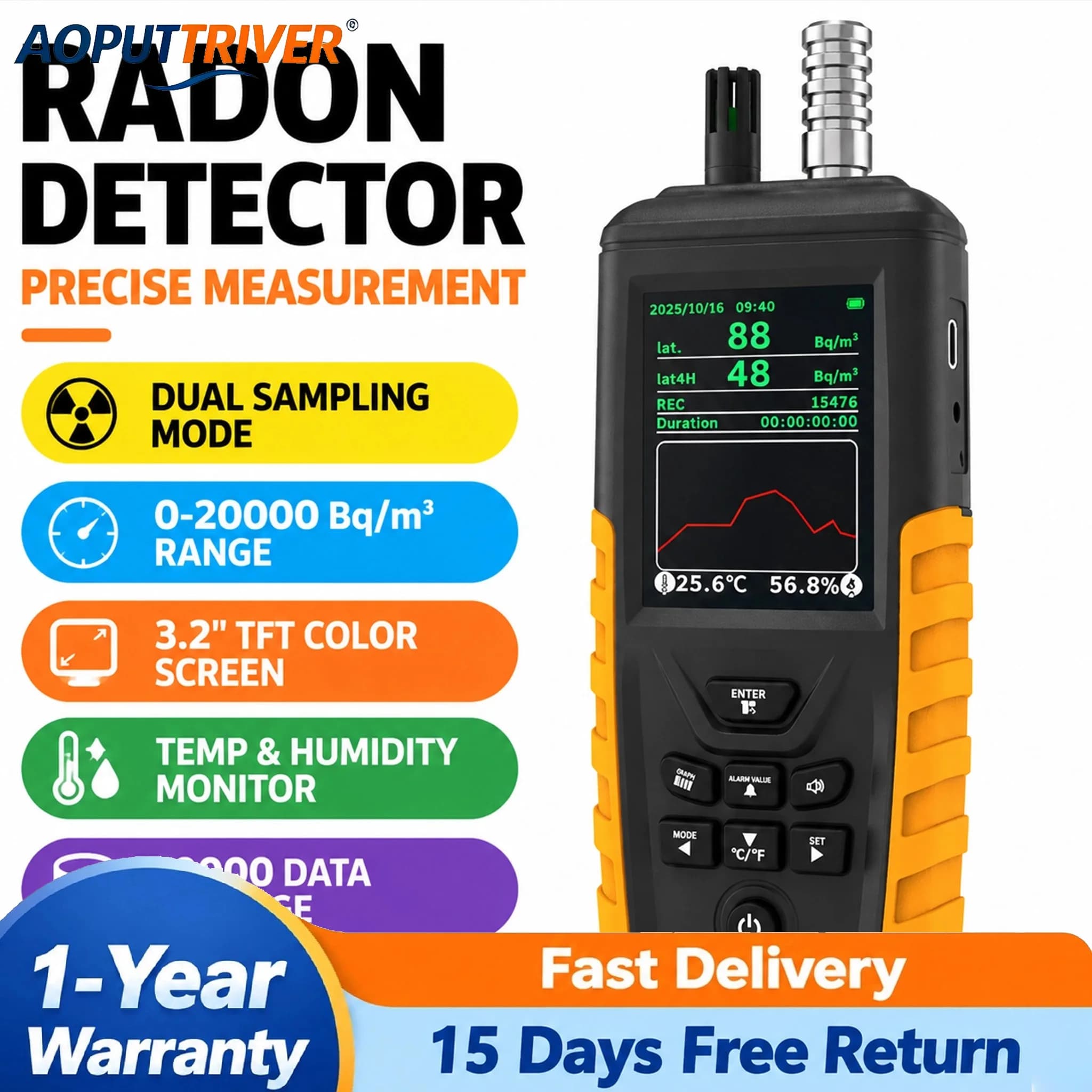 Portable Radon Detector Air Quality Monitor TFT Screen Data Logger Pump Suction & Diffusion Dual Mode for Home Basement Test