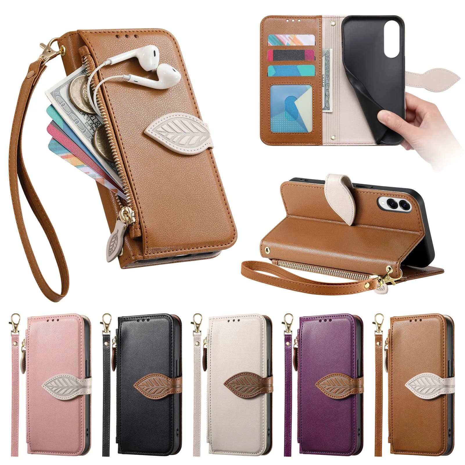 PU Leather Phone Case for Samsung Galaxy S25 Plus S24 S23 Ultra S22 5G S25 + Flip Book Card Zippered Wallet Case