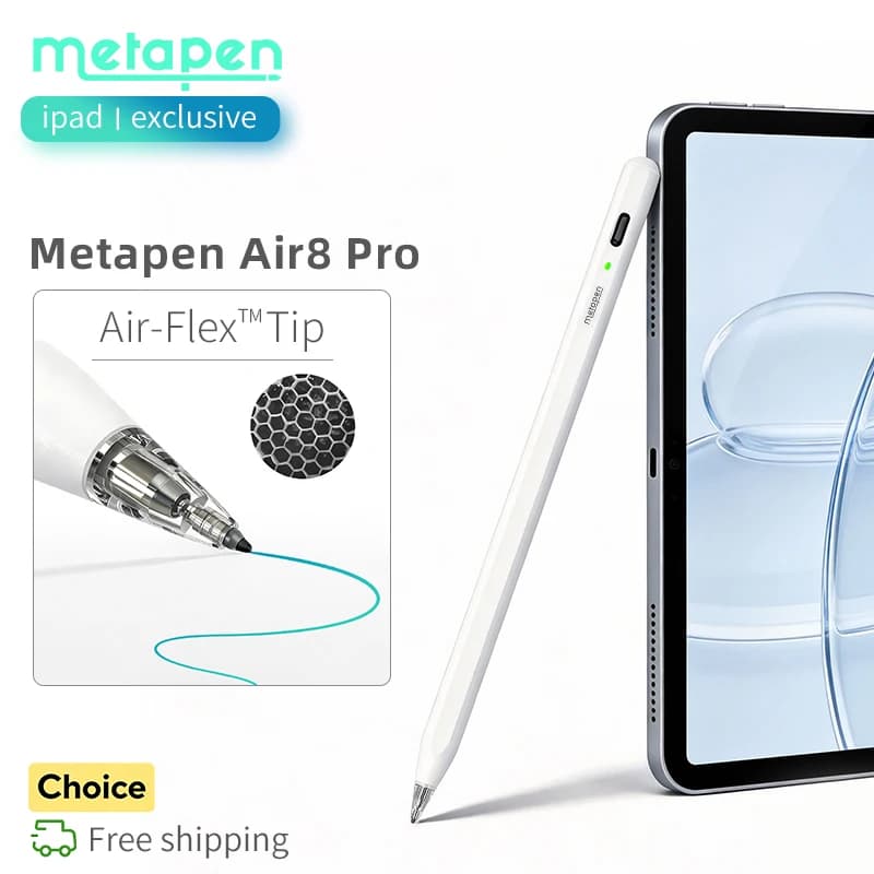 Metapen Air8 Pro Stylus Pen per Apple Pencil con AI Write, sensibile all'inclinazione, riconoscimento del palmo, ricarica rapida USB-C per iPad Pencil 2018-2026