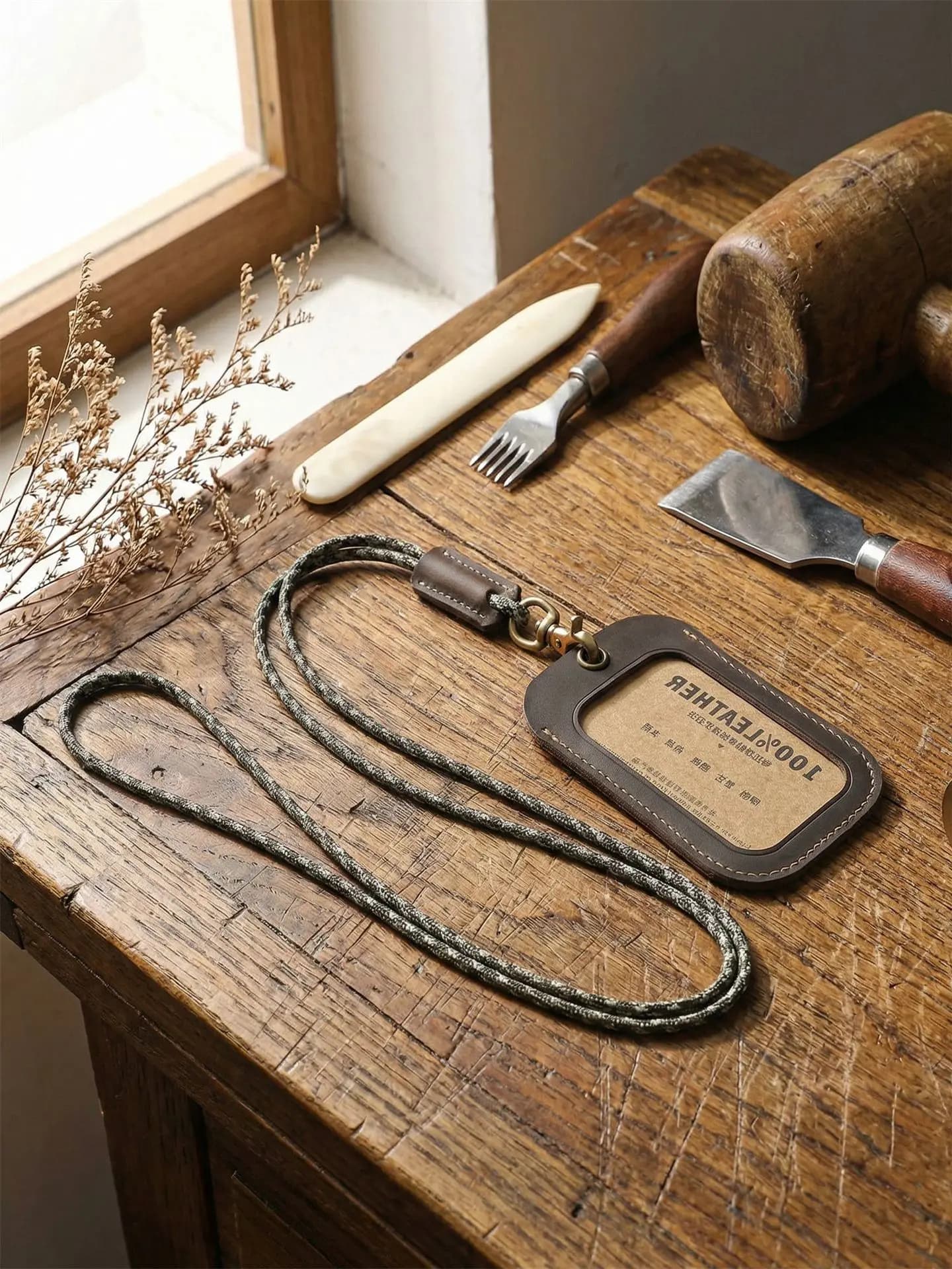 Genuine Crazy Horse Leather ID Card Holder with Brass Hardware and Paracord Lanyard – Durable 2-Slot Wallet for Men Women Travel