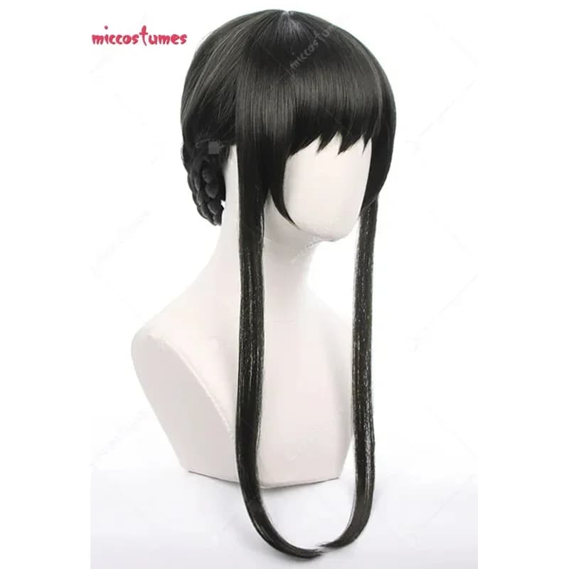 Parrucca lunga nera da donna Yor Cosplay con chignon intrecciato
