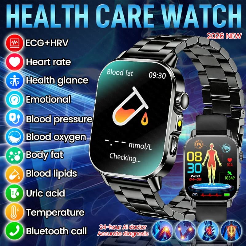 Nuovo Smartwatch per la Salute con AI, Diagnosi Accurata, ECG, Pressione Sanguigna, Acido Urico, Grasso nel Sangue, Chiamate Bluetooth, HD