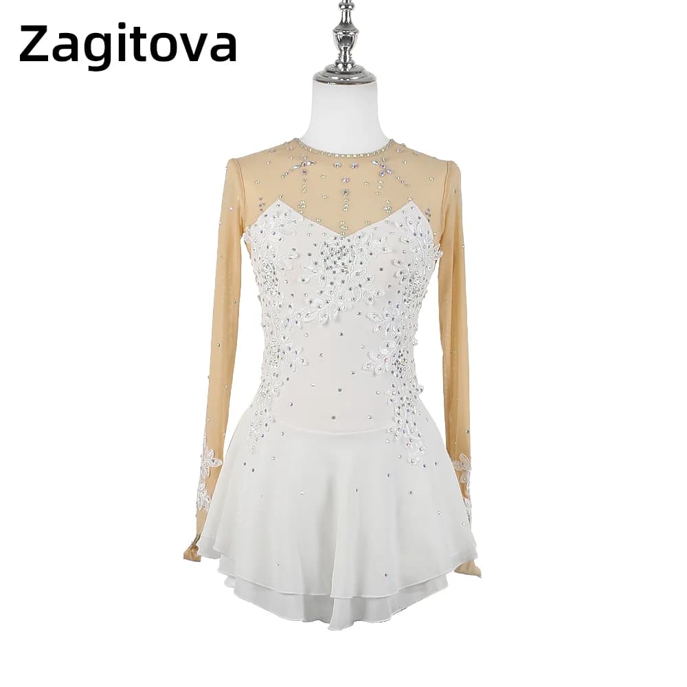 Zagitova Abito da pattinaggio di figura Gonna da pattinaggio su ghiaccio per ragazze da donna Gonna a rete con diamanti lucidi in pizzo floreale tridimensionale bianco