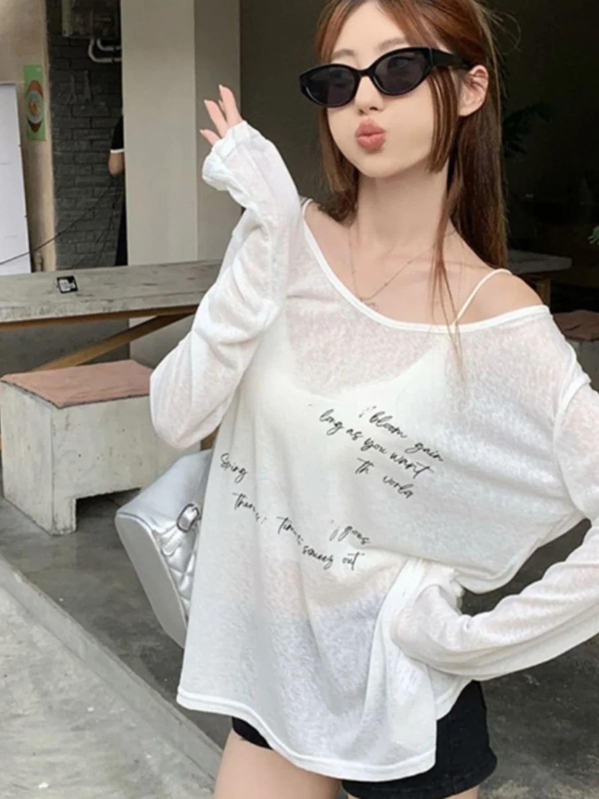Ladies Sexy Sleeveless Long Sleeve Printed T-Shirt Loose Fit Sun Protection Cover up Shoulder Baring Summer New Style Korean ...
