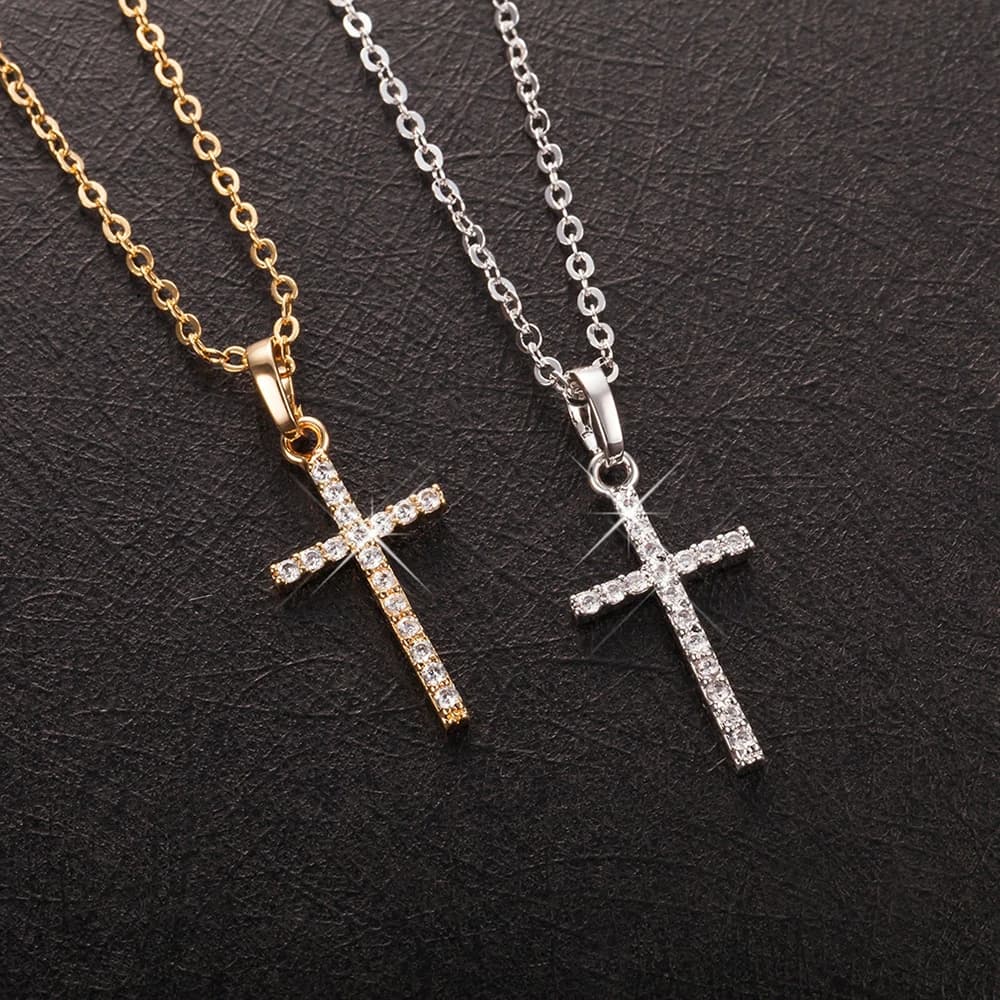 Necklace with Cross Pendant with Inlaid Rhinestones, Adjustable, Women's, Solid Color, Summer Jewelry